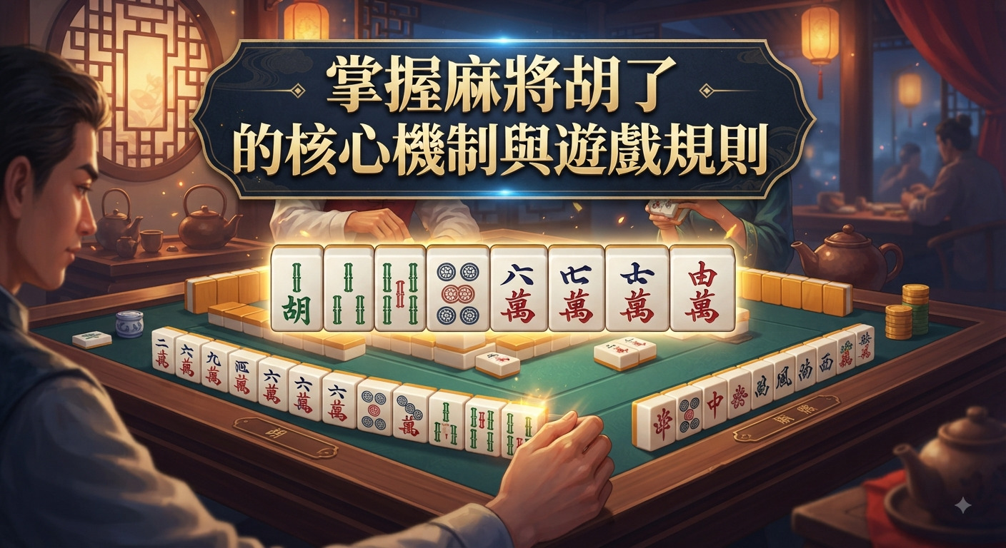 這是一張以麻將為主題的宣傳圖像，上方醒目地展示著「掌握麻將胡了的核心機制與遊戲規則」標題文字。 畫面中央描繪了一張正在進行麻將遊戲的綠色桌子，四周點綴著精緻的中式傳統茶具與燈籠裝飾。