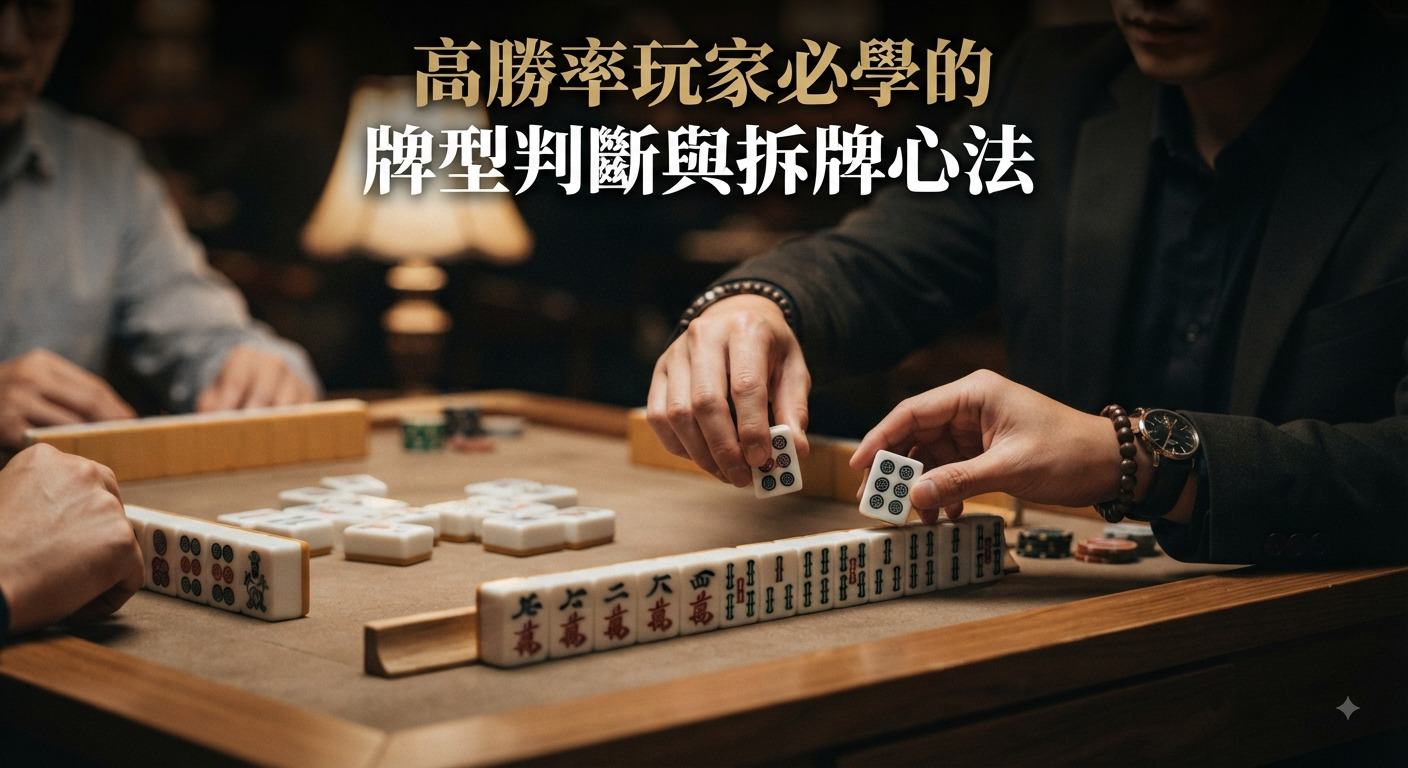 這是一張關於麻將遊戲的圖片。圖中顯示兩位玩家正專注於麻將桌上，左側是另一名玩家，而右側的玩家則在決定應該捨棄哪張牌。在圖片中央，您能看見一副精緻的麻將牌，牌面上的圖案清晰可見。整張圖片呈現出傳統中式風格的氛圍。